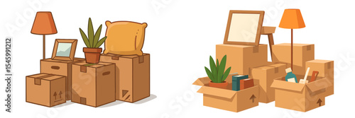Moving day preparations with cardboard boxes and home decor items on display in a bright room setting