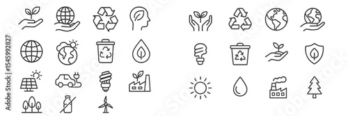 Diverse symbols representing environmental sustainability, recycling, and renewable energy sources in a minimalist design