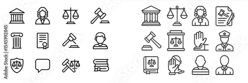 Legal concepts represented through various minimalist icons related to justice, law, and order in a professional context
