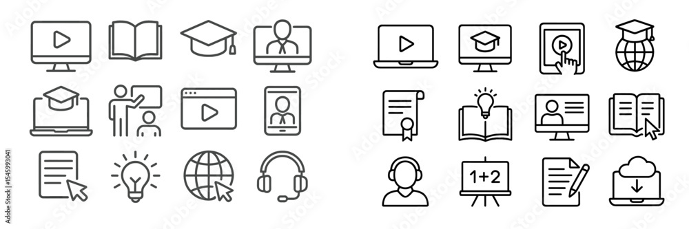Digital education icons representing learning activities, online courses, and various educational resources in a modern setting Digital education icons representing learning activities, online courses, and various educational resources in a modern setting
