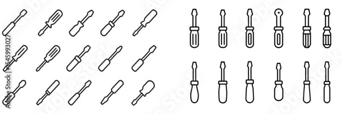 Various designs of screwdrivers arranged in a grid pattern showcasing their distinct shapes and sizes for tool enthusiasts
