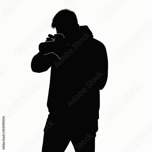 Bold silhouette of a videographer filming with a professional camcorder. Perfect for film editing, media production, and content creator illustrations