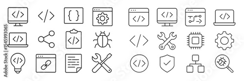 Collection of coding and programming symbols representing various software development concepts and tasks