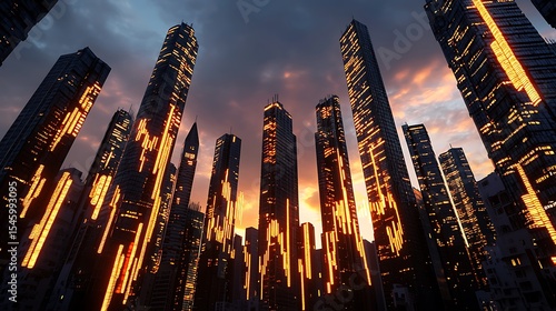 Illuminated skyscrapers at sunset city skyline view buildings urban architecture