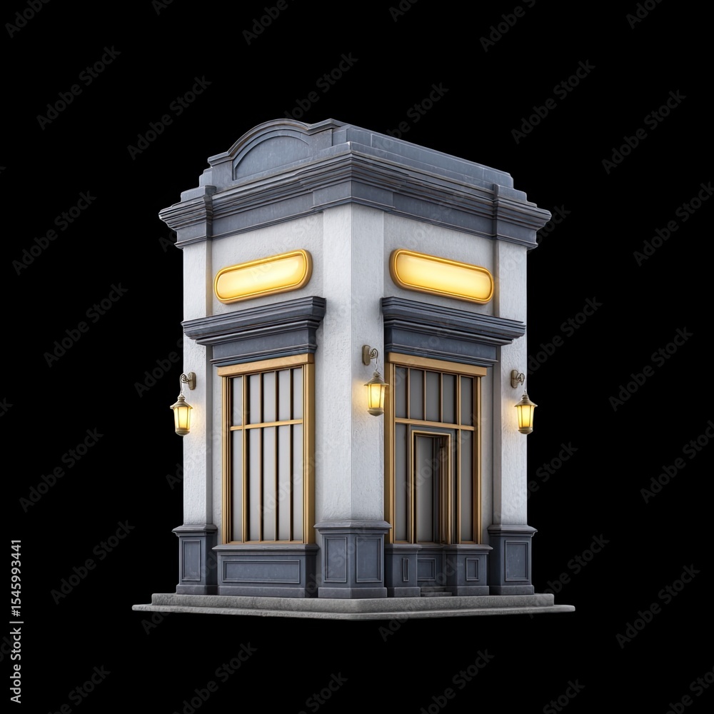 Obraz premium Classic pub building with illuminated windows, featuring elegant architectural details and warm lighting that creates welcoming atmosphere. This structure embodies charm of nightlife