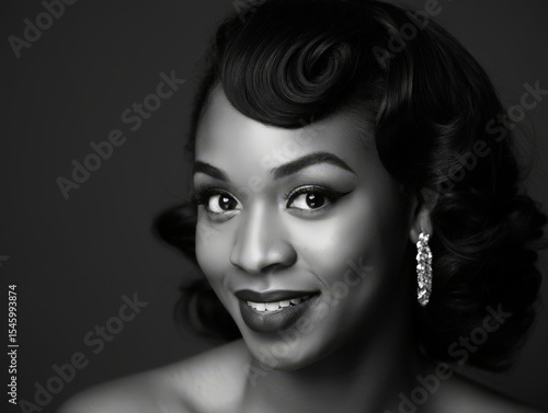 Wallpaper Mural Elegant Woman with Retro Curls and Earrings in Black and White Portrait Torontodigital.ca