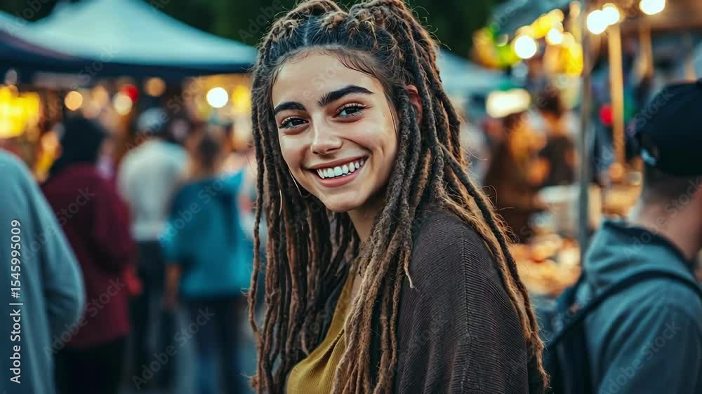 Smiling young woman with dreadlocks at a night market Smiling young woman with dreadlocks at a night market