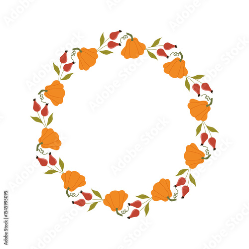 Wreath of pumpkins and rose hips Autumn pumpkin frame. Autumn circle frame. Round border made of fall pumpking in green and orange. Vector flat isolated on white background	