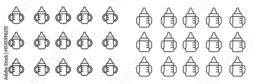 Set of minimalist milk bottles arranged in rows with different designs in a clean, modern layout suitable for infant feeding products