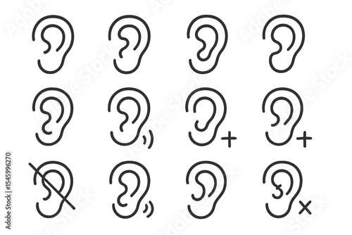 Various ear icons representing different auditory functions and statuses in a minimalistic style