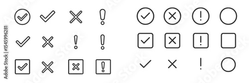 Symbols for checklist and binary choices illustrated on a white background in a minimalist style featuring various icons