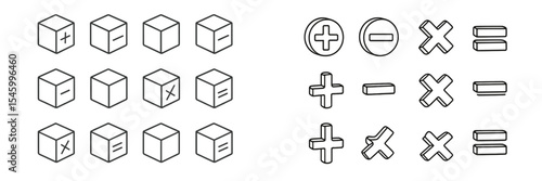 Geometric shapes arranged in patterns illustrating basic arithmetic operations in a minimalist style