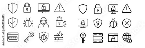 Collection of cybersecurity icons representing online security, threats, and protection measures commonly used in digital environments
