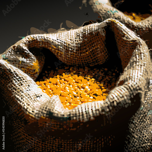 Yellow Lentils in Burlap Sack on Wooden Background

