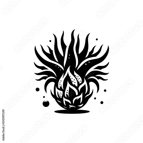 Stylized black and white dragon fruit illustration