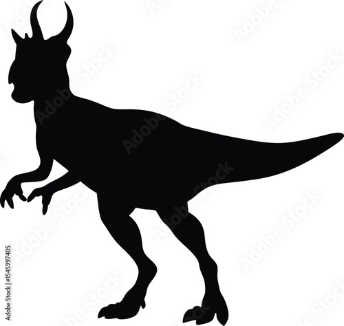 Robust Carnotaurus Silhouette: A Muscular Outline of the Horned Predator with Short Arms, Capturing Aggression and Unique Anatomy for Primal Designs on White Background.