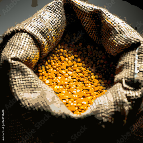 Yellow Lentils in Burlap Sack on Wooden Background


