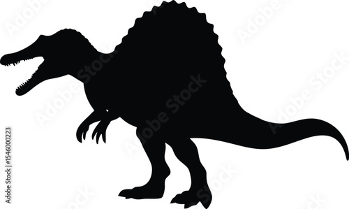 Towering Spinosaurus Silhouette: A Striking Outline of the Sail-Backed Predator, Emphasizing its Aquatic Adaptations and Unique Form for Educational Displays on White.