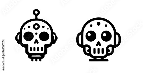 Two skull shaped robot icons in black and white featuring circular eyes and detailed facial features