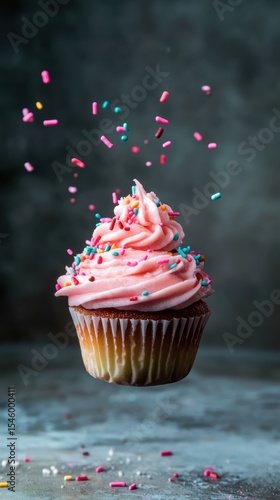 Delicious cupcake topped with pink frosting and colorful sprinkles floating against a dark background