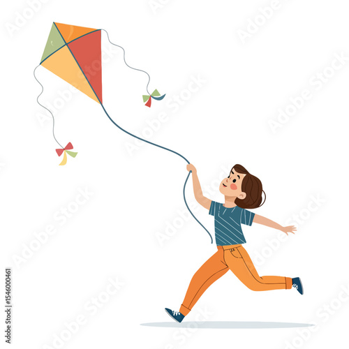 Child's Kite Aerial Adventure: A youthful figure joyfully sprints across a field, his colorful kite soaring in the sky, embodying the exuberance of childhood and the thrill of flight.