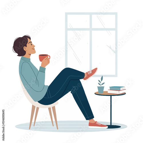 Serene Coffee Moment: A person enjoys a peaceful moment, basking in the quiet solitude by the window, sipping from a warm cup of coffee.