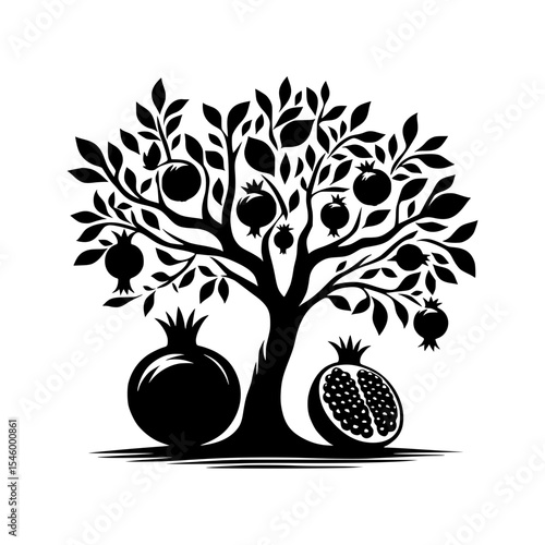 Black and white pomegranate tree illustration