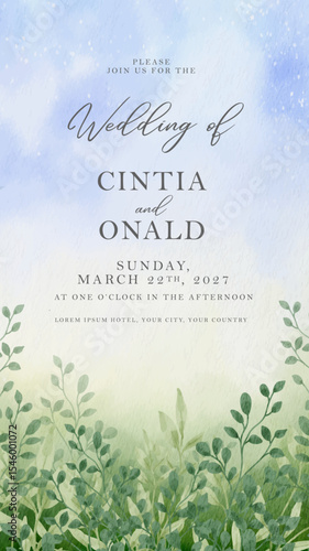Wedding Invitation With Green Foliages And Blue Sky Watercolor Painting Background
