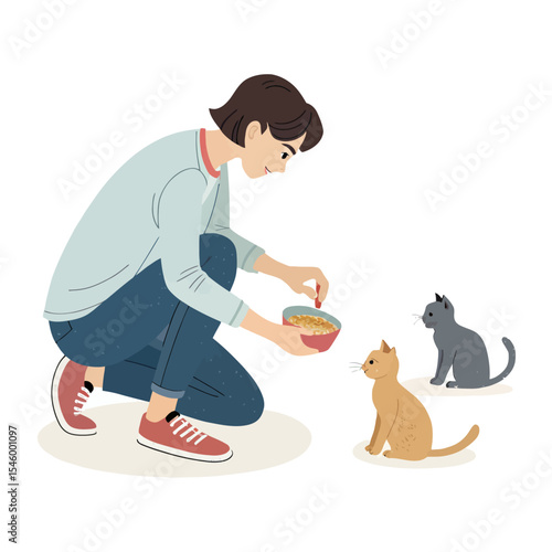 Kindness in Feeding Stray Cats: A kind person kneels to offer food to three stray cats, showcasing the gentle interaction between human and animal with kindness and compassion.