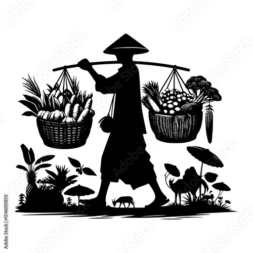 Vietnamese farmer carrying baskets of produce