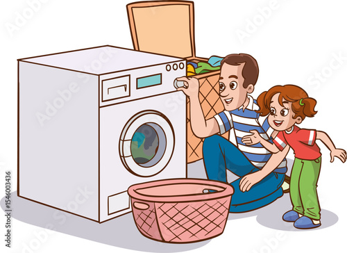  little kids helps his father to do the laundry with the washing machine.father and children operating the washing machine
