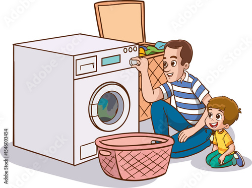  little kids helps his father to do the laundry with the washing machine.father and children operating the washing machine