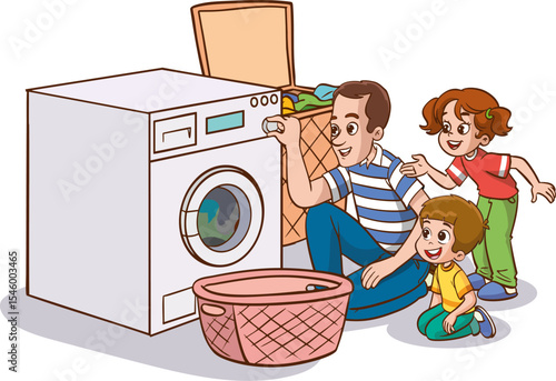  little kids helps his father to do the laundry with the washing machine.father and children operating the washing machine