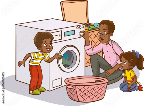  little kids helps his father to do the laundry with the washing machine.father and children operating the washing machine
