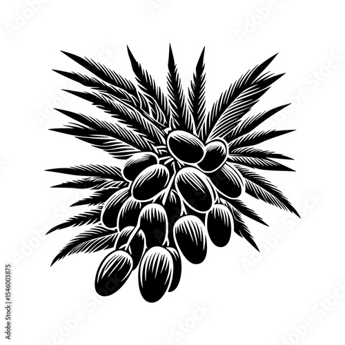 Black and white illustration of dates on palm frond