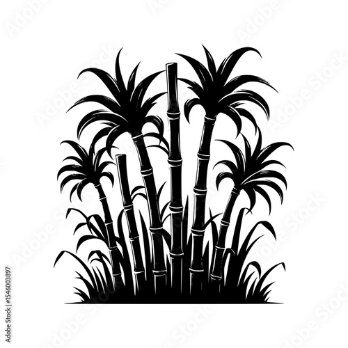 Black and white silhouette of sugarcane plants