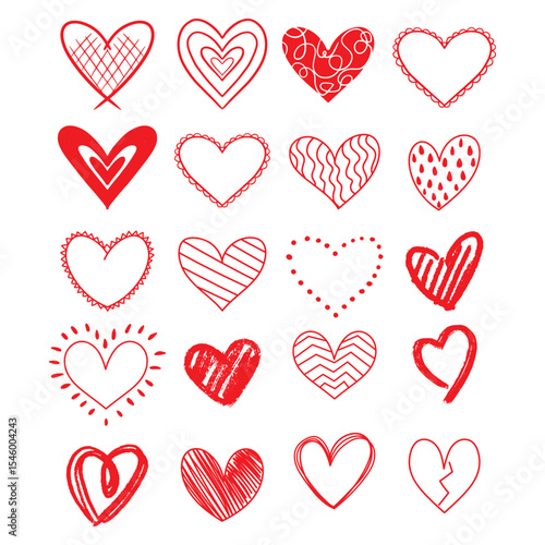 A collection of 20 unique red heart icons, each with distinct designs and patterns, presented on a white background.