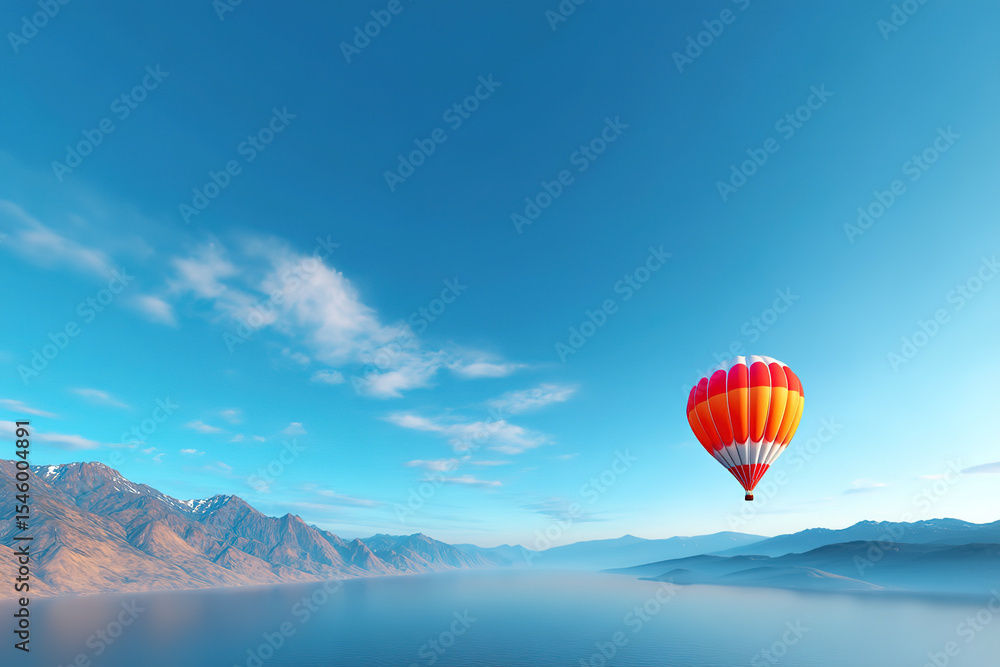 Obraz premium A colorful hot air balloon floating on a mountain lake natural scenery