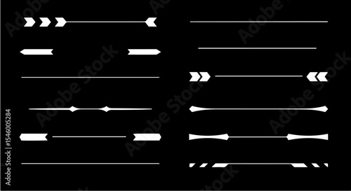 Collection of stylish white dividers and arrows on black background.  Set includes various horizontal lines, arrows, and separators ideal for design projects.