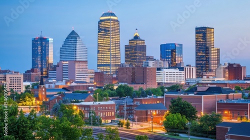 Urban Skyline at Dusk with Modern Buildings and City Lights