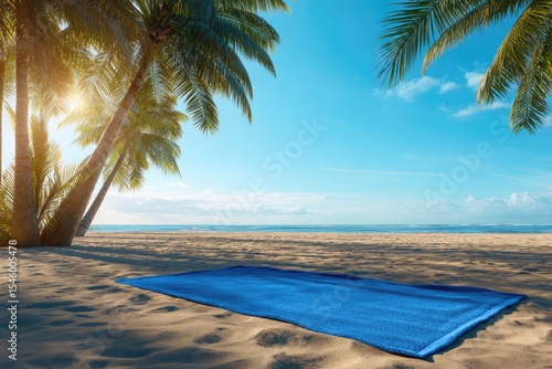 A vibrant blue beach towel rests on a pristine sandy beach, shaded by lush palm trees under a bright, sunny sky