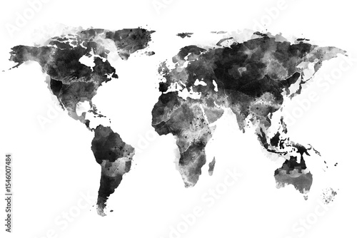 Fototapeta Naklejka Na Ścianę i Meble -  Hand-drawn black watercolor world map illustration with textured style on clean white background, concept of global design and branding. 3D Rendering