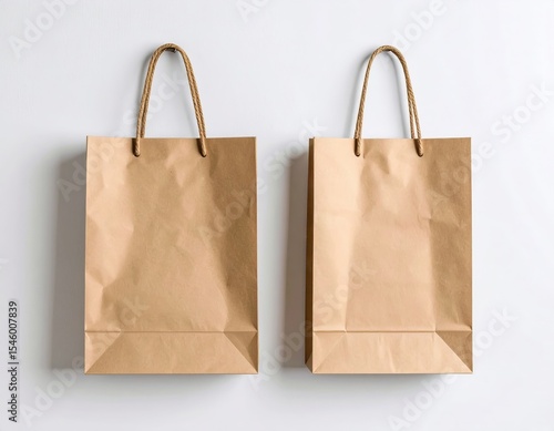 Two Kraft Paper Shopping Bags with Twisted Handles on a White Wall