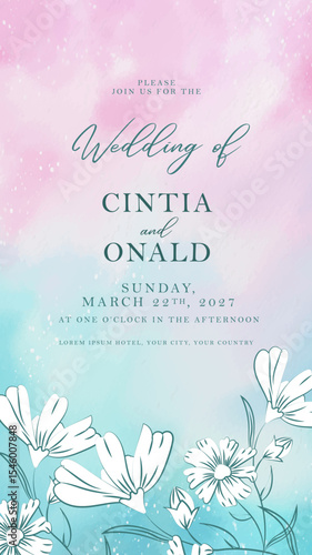 Wedding Invitation With White Flowers On Blue And Pink Sky Background