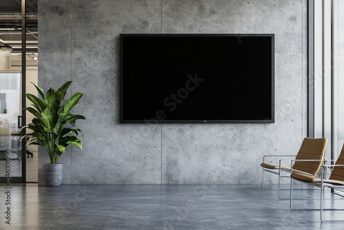 Blank black screen on concrete wall in modern office lobby with indoor plant and chairs