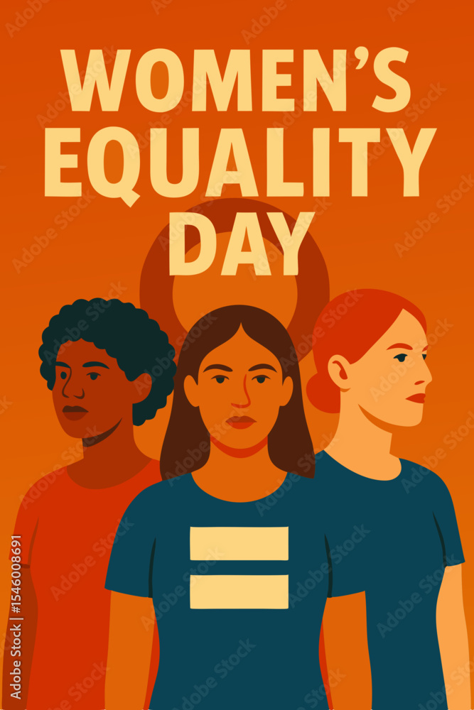 Women's Equality Day diverse women standing together on orange background Women's Equality Day diverse women standing together on orange background