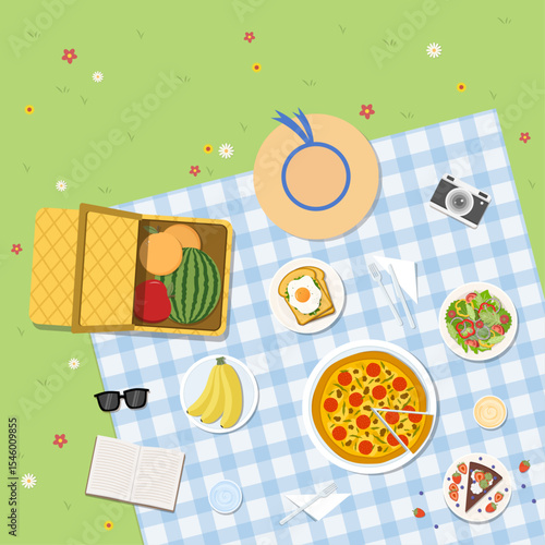 A top view of a summer picnic with a blue mat and various foods on green grass. Vector illustration in flat design style.