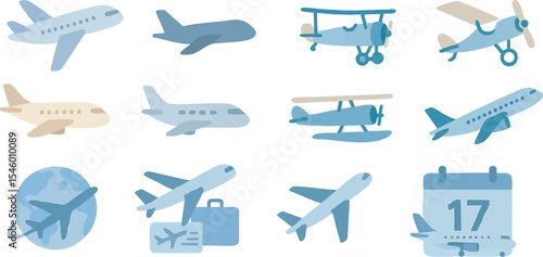 Flat Travel Airplane Icon Set for Travel Booking and Tourism Design - AI Generative