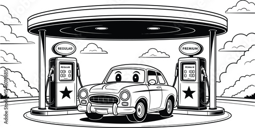  Vector Black and White Gas Station, Classic Car Fueling Scene.