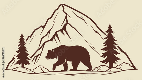 Illustration of a bear walking in front of a mountain with two pine trees on either side in brown color